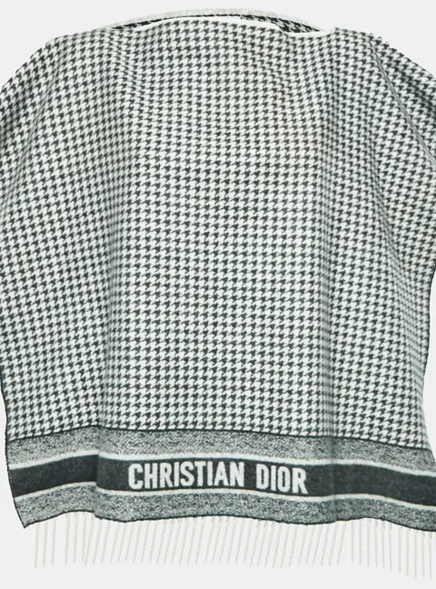 Christian Dior Black/White Houndstooth Wool Fringe Poncho One Size