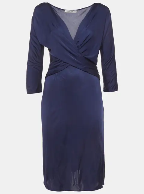 Christian Dior Navy Blue Jersey Draped Knee Length Dress L