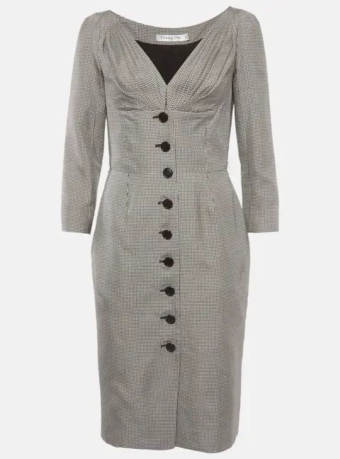 Christian Dior Grey Houndstooth Jacquard Silk Mid Length Dress M