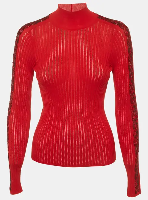 Christian Dior Red Rib Knit Embellished Turtleneck Top S