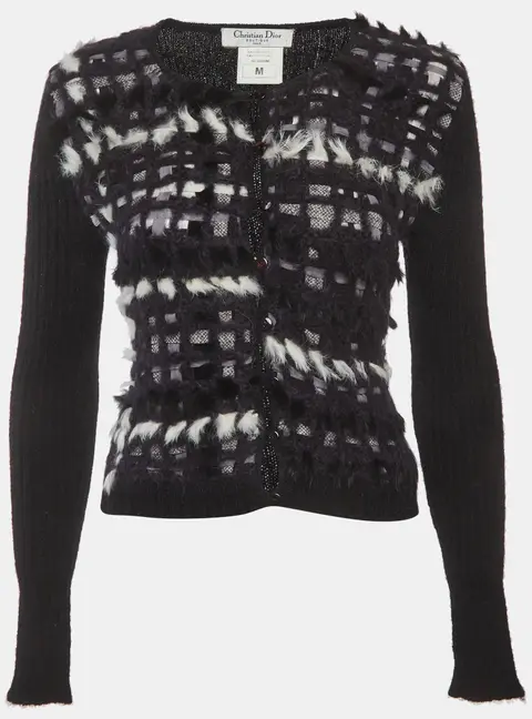 Christian Dior Black Check Wool Knit Fur Button Up Cardigan M
