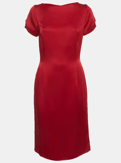 Christian Dior Red Synthetic Satin Short Sleeve Knee Length Dress L