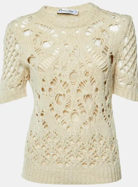 Dior Cream Wool Open Knit Crew Neck Sweater M
