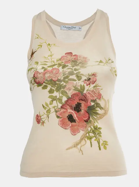 Christian Dior Boutique Pink Floral Embroidered Jersey Tank Top S