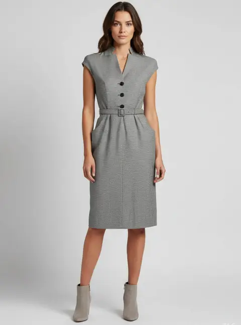 Christian Dior Monochrome Houndstooth Wool Midi Dress S