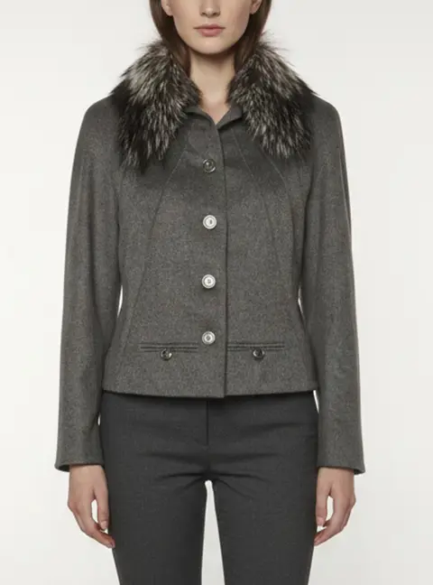 Christian Dior Grey Wool Blend Fur Collar Crop Jacket S
