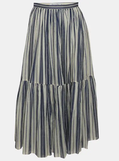 Dior White White/Blue Stripe Chiffon Flared Maxi Skirt S