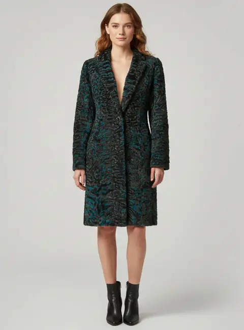 Christian Dior Blue/Black Textured Fur Astrakhan Mid Length Coat M