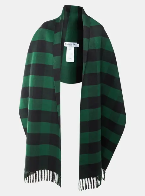 Christian Dior Green/Black Checkered Felt Fringed Poncho S