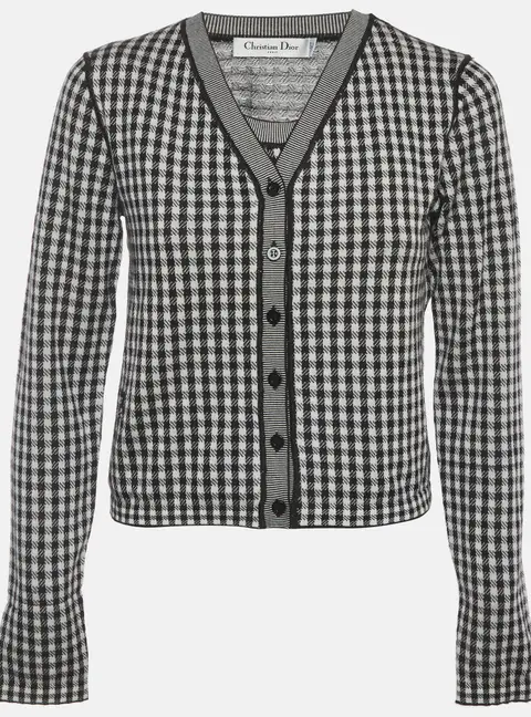 Christian Dior White/Black Gingham Cashmere Knit Top and Cardigan Set M