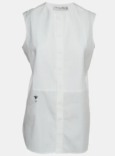 Christian Dior White Embroidered Bee Plastron Poplin Sleeveless Top M