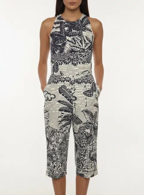 Christian Dior Blue/ White Printed Cotton Sleeveless Jumpsuit S
