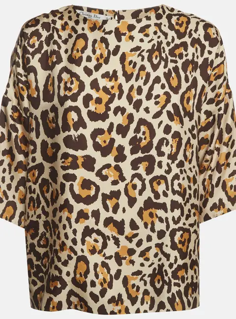 Christian Dior Beige Leopard Print Silk Blouse L