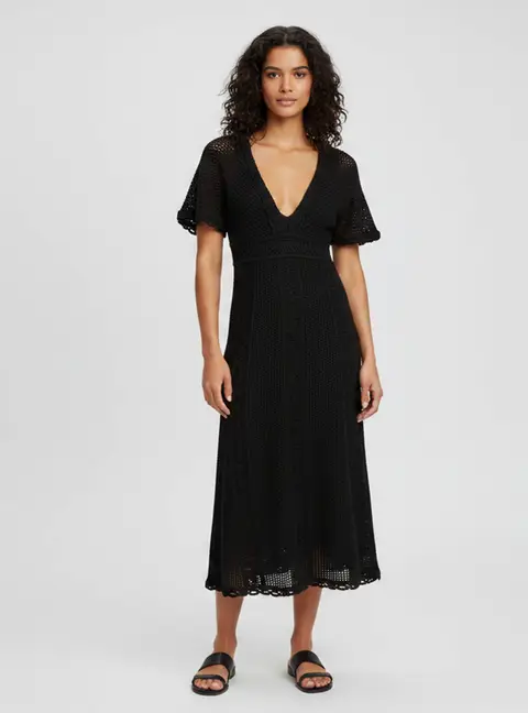 Christian Dior Black Crochet V-Neck Short Sleeve Midi Dress M