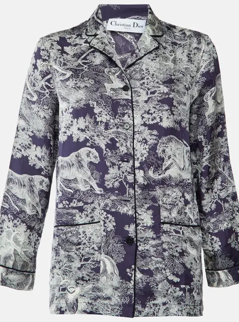 Christian Dior Navy Blue Toile de Jouy Print Silk Chez Moi Pajama Shirt M