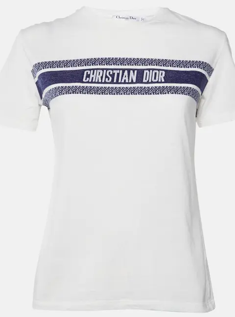 Christian Dior White Logo Striped Band Cotton Crew Neck T-Shirt S