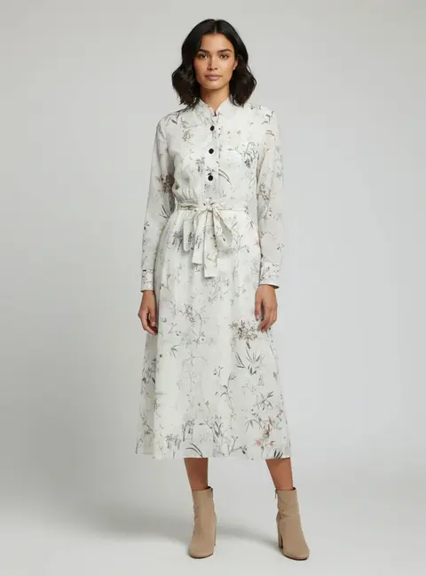 Christian Dior Cream Floral Print Cotton Belted Midi Dress S