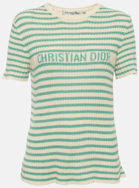 Christian Dior Cream/Blue Striped Rib Knit Dioriviera Pullover M