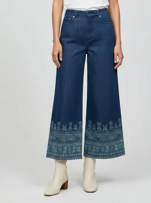 Christian Dior Blue Printed Denim Wide Leg Jeans L/Waist 30"