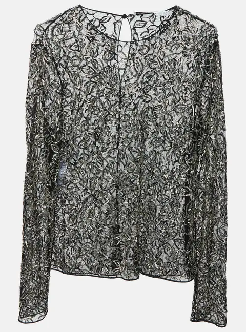 Christian Dior Black Sequin Embellished Mesh Sheer Long Sleeves Top L