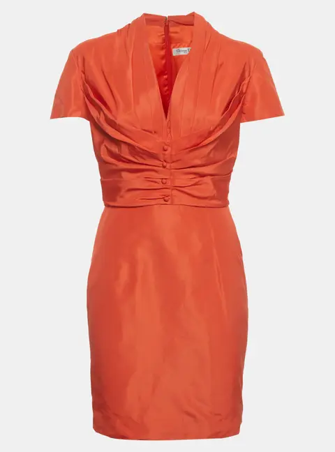 Christian Dior Orange Pleated Sateen V-Neck Mini Dress L