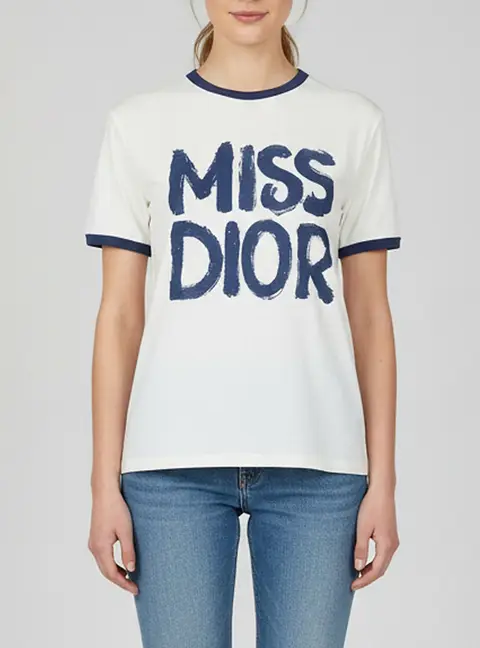 Christian Dior White/Blue Miss Dior Print Cotton & Linen T-Shirt L
