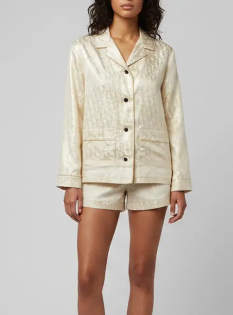 Christian Dior Gold/White Metallic Oblique Jacquard Pajama Shirt XS