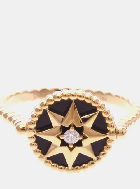 Christian Dior Rose Des Vents 18K Pink Gold Diamond Onyx Band Ring EU 58