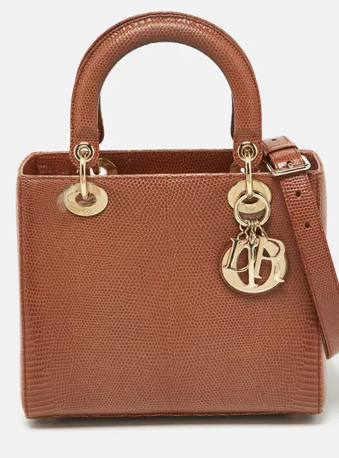 Dior Lady Dior Brown Lizard Leather Tote  Bag