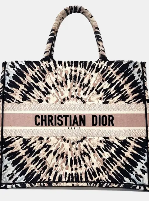 Christian Dior Book Tote Large Pink Beige Black Embroidered Canvas Tote Bag