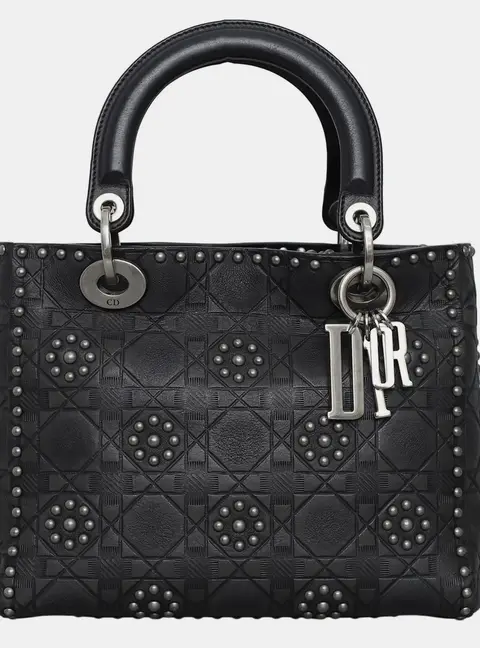 Christian Dior Lady Dior Medium Black Calfskin Leather Top Handle Bag