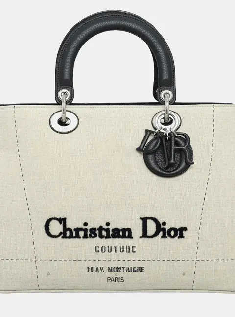 Christian Dior Large Lady Dior Beige Canvas Leather Top Handle Bag