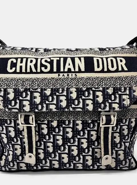Dior Beige Navy Blue Canvas Oblique Diorcamp Messenger Bag