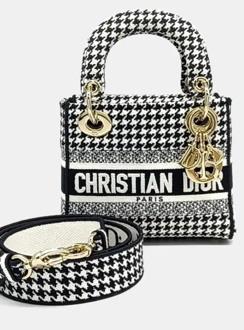 Dior Lady D-Lite Mini Black White Houndstooth Canvas Top Handle Bag