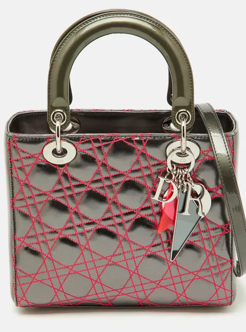 Dior Lady Dior Medium Grey Leather and Patent Leather Tote Bag