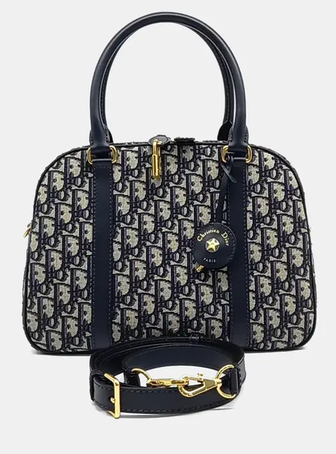 Dior D-Vibe Bowling Blue Oblique Canvas Calfskin Leather Shoulder Bag