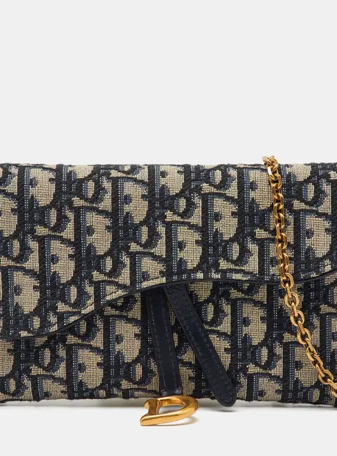 Dior Navy Blue Oblique Canvas and Leather Saddle Wallet On Chain