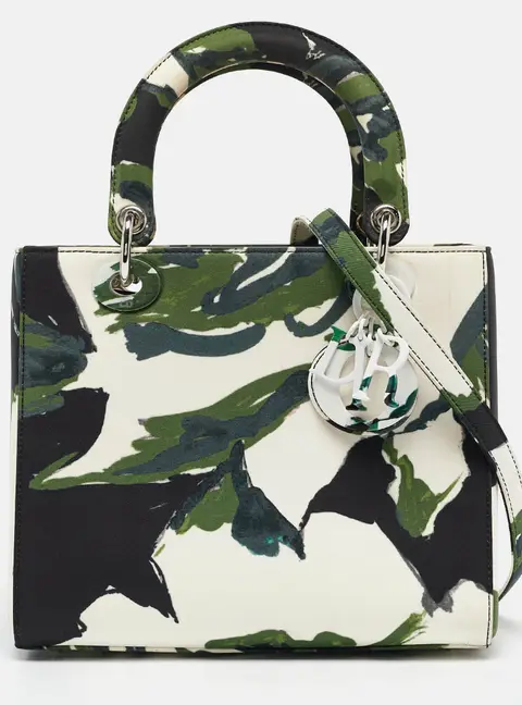 Dior Green Floral Graffiti Fabric Medium Lady Dior Tote