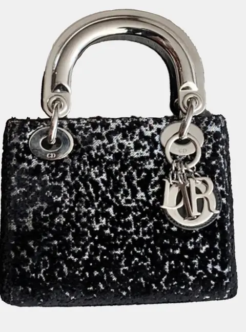 Dior Lady Dior Mini Black and White Glitter Brocade Top Handle Bag