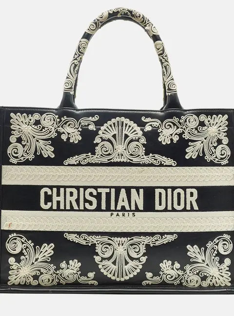 Dior Navy Blue/White Leather Embroidered Medium Book Tote