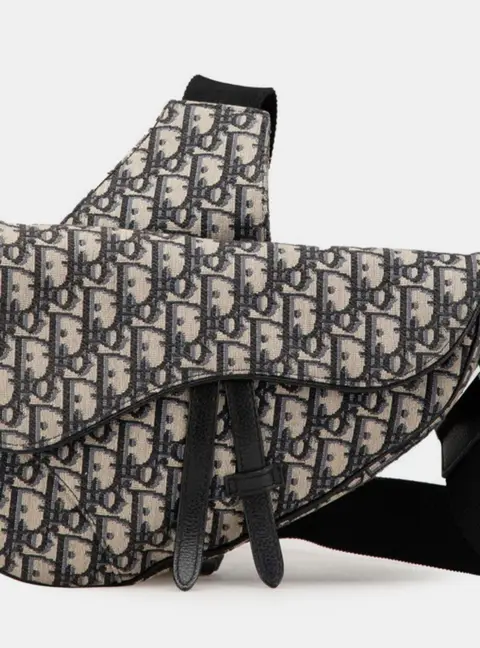 Dior Oblique Navy Beige Canvas Leather Saddle Bag