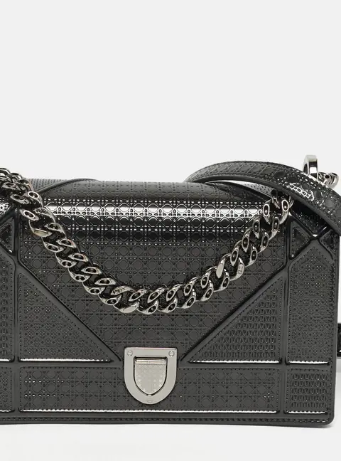 Dior Diorama Small Dark Grey Microcannage Patent Leather Flap Bag
