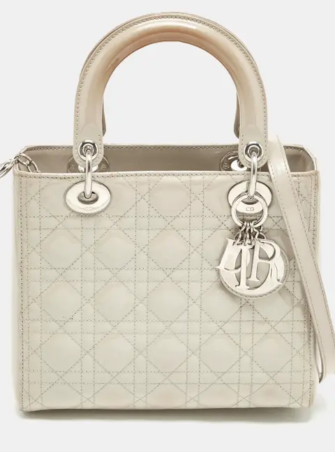 Dior Lady Dior Medium Grey Cannage Patent Leather Tote