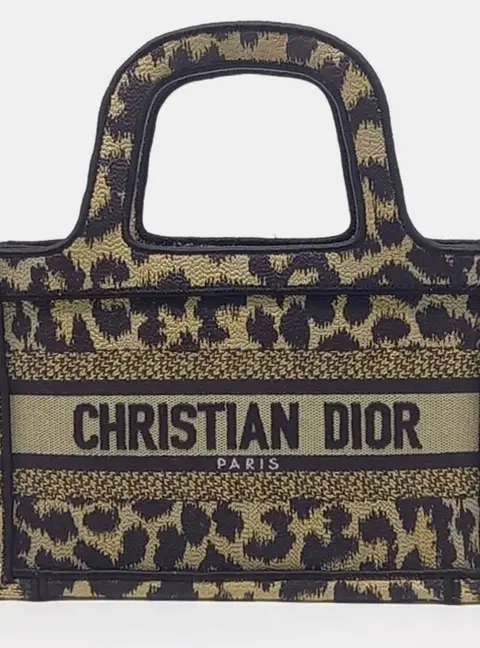 Dior Book Tote Mini Black Beige Leopard Print Canvas Top Handle Bag