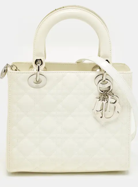 Dior Lady Dior Medium Off White Cannage Patent Leather Tote
