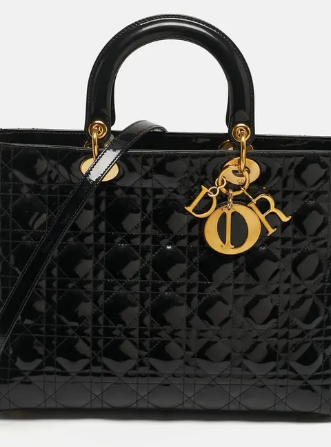 Dior Lady Dior Large Black Cannage Patent Leather Tote