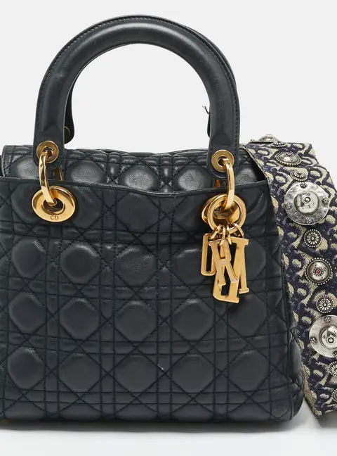 Dior Supple Lady Dior Medium Navy Blue Cannage Leather Tote