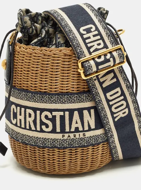 Dior Tan/Navy Blue Canvas and Wicker Drawstring Bucket Bag