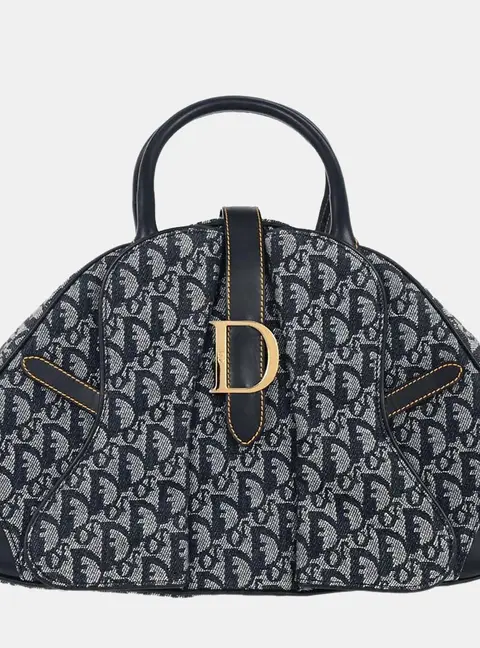Christian Dior Double Saddle Navy Oblique Canvas Leather Top Handle Bag