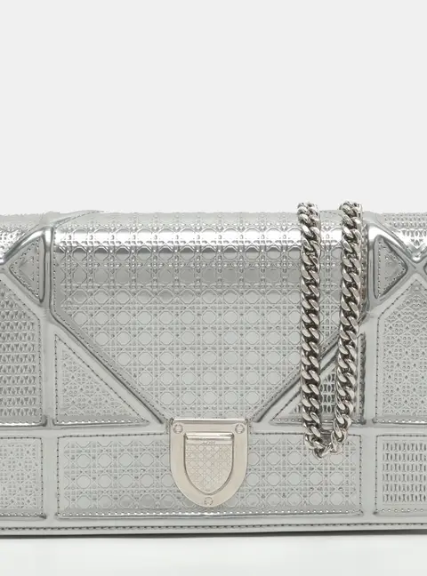 Dior Diorama Silver Micro Cannage Patent Leather Wallet on Chain